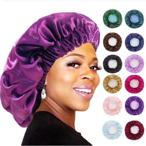 Solid Color Reversible Silky Satin Bonnet Double Layer Sleep Night Cap Head Cover Bonnet Hat for For Curly Springy Hair Black