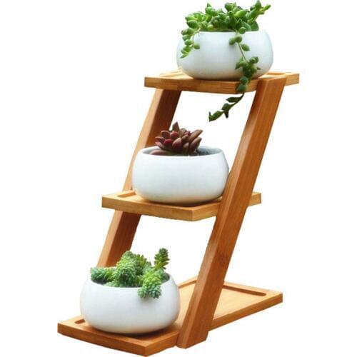 Simple Creative White Succulent Plant Flower Pot Holder Ceramic Decorative Oblate Flower Pot & Three-layer Bamboo Shelf Pot Set
