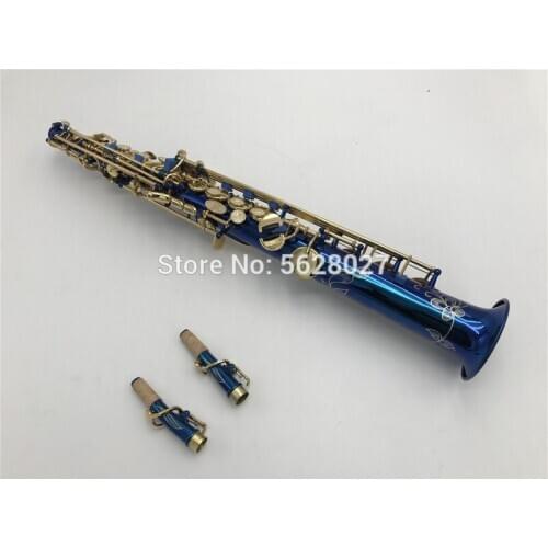Blue Carve Pattern Bb Bend Althorn Soprano Saxophone Sax Pearl White Shell Buttons Wind Instrument