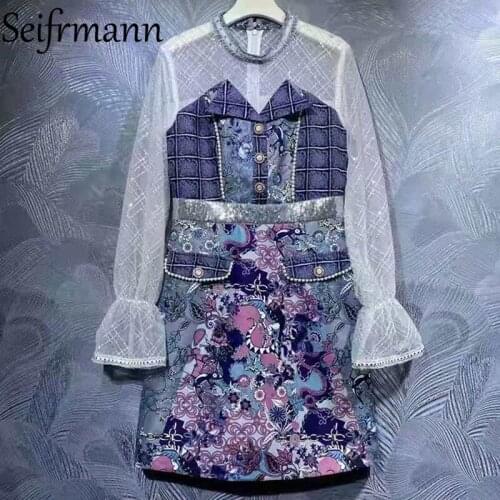 Seifrmann New 2021 Autumn Women Fashion Designer Party Mini Dress Flare Sleeve Gorgeous Crystal Beading Printed Ladies Dresses