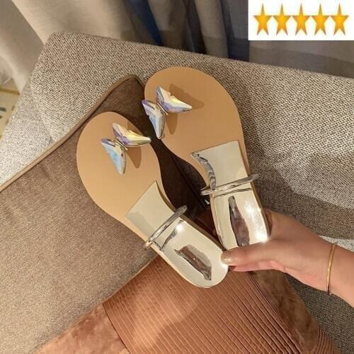 Summer Flops Women Slip-On Flip Shoes Open Toe Wedge Slippers Outside Shiny Crystal Butterfly Casual Golden Silver Luxury Slides