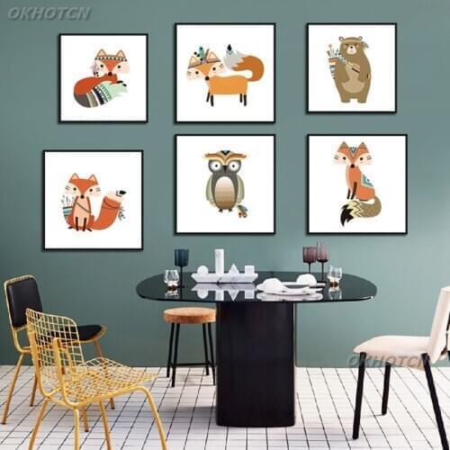 Scandinavian Cartoon Canvas Painting Nursery Woodland Animal Poster And Print Wall Art Nordic Style Kidss Room Home Decoration