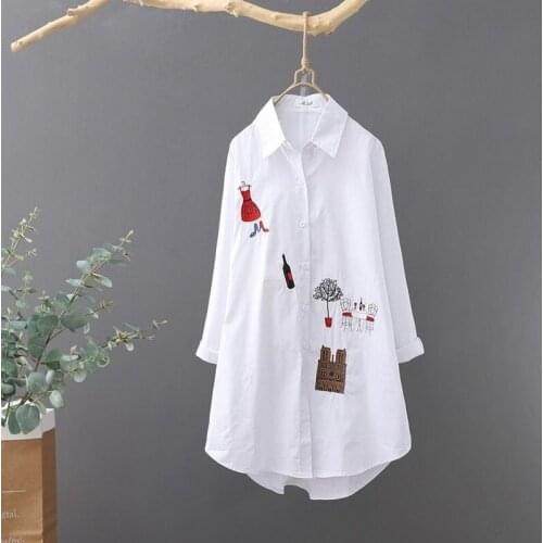 Cotton 100% Embroidery White Women Shirts Summer New 2021 Turn-Down Collar Long-Sleeved Vintange Lady Outwear Tops