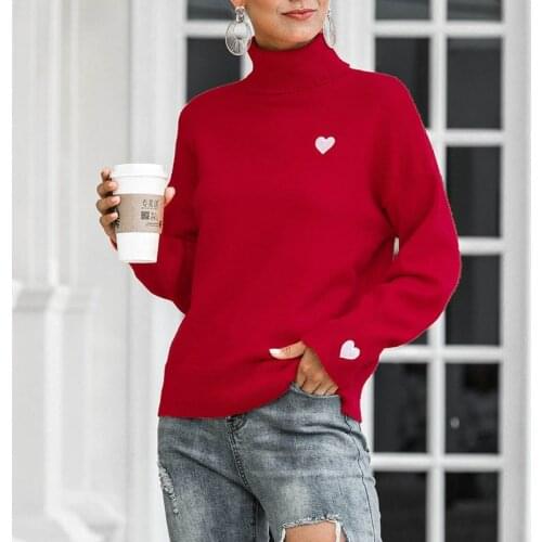 Womens Autumn Lantern Long Sleeve Sweater Turtleneck Red Heart Embroidered Pullover Tops Casual Loose Holiday Christmas Knitted
