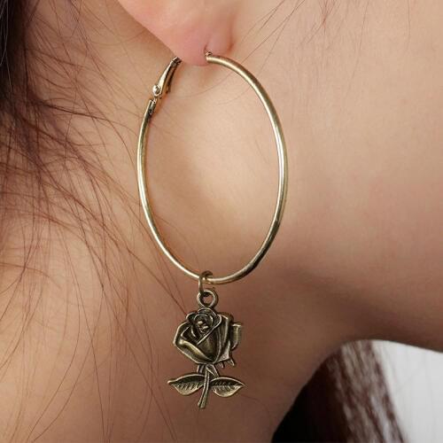 Anise Vintage Rose Flower Big Circle Hoop Earrings for Women Gold Silver Color Round Pendant Earrings Fashion Statement Jewelry