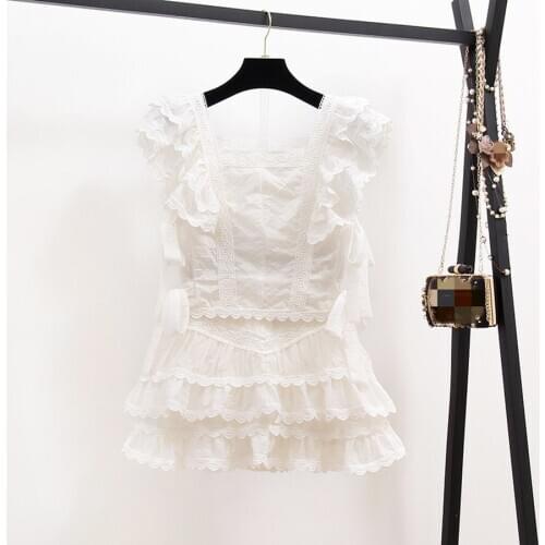 2021 Summer Sexy Hollow Out Embroidery Lace Set Womens Suits Ruffles Short Sleeve Tops + White Mini Short Skirts 2 Piece Sets