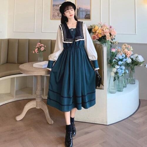 Japanese Sweet Preppy Navy Style Waist Slimming Mid-Length Long Sleeve Dress Women Autumn Winter 2021 New kawaii lolita dress