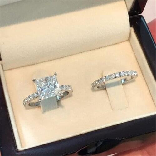 1.8CT Hot Sale Luxury Jewelry 2pcs 925 Sterling Silver Princess Cut White Clear AAAAA Cubic Zircon Women Wedding Bridal Ring Set