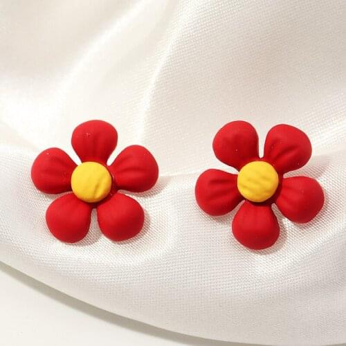 2021 Korean Fashion Wine Red Love Heart Stud Earrings Simple Temperament Cute Red Flower Earrings for Women Party Jewelry Gifts