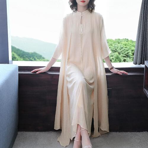 2021 Chinese Style Suit Dress Two Piece Female Spring Summer Tunic Top Big Size Improved Cheongsam Spinning Long Dress Set zh265