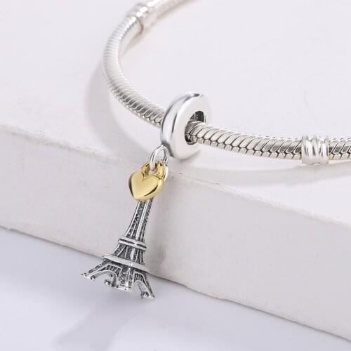 925 Sterling Silver Golden Heart Retro Eiffel Tower Pendant Charm Bracelet DIY Jewelry Making For Original Pandora