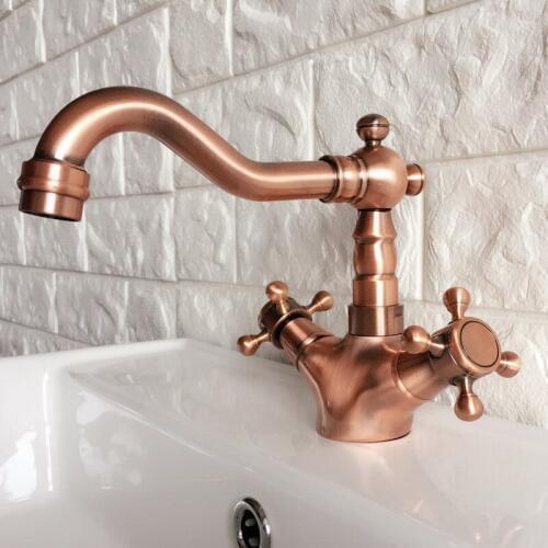 Antique Red Copper Brass Kitchen Bathroom Vessel Sink Single Hole Basin Swivel Spout Faucet Dual Cross Handles Water Tap arg053