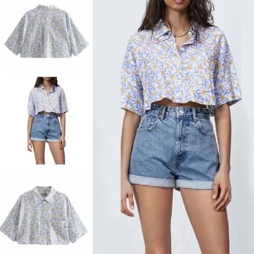 066C Women Summer Short Sleeve Lapel Blouse Vintage Daisy Floral Print Button Up Crop Top Harajuku Chic Pocket Loose Cutout Mini