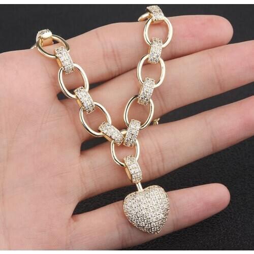 HIBRIDE Luxury Full Cubic Zirconia Heart shape Pendant Necklace for Women Gold Color Chain Necklace Fine Jewelry bijoux femmeP23