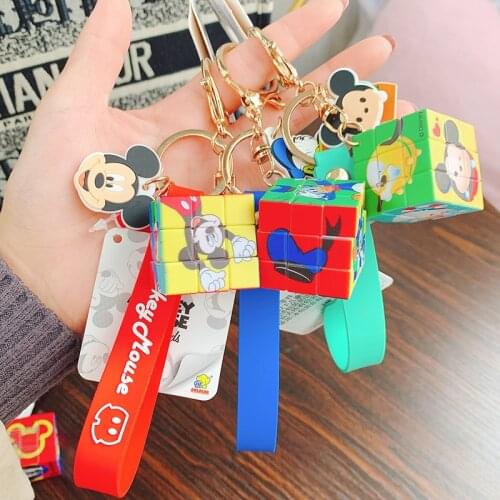 Disney Creative Fashion Anime Keychain Mickey Minnie Donald Duck Key Chain Mini Rubiks Cube Cars Bags Pendant Keyring