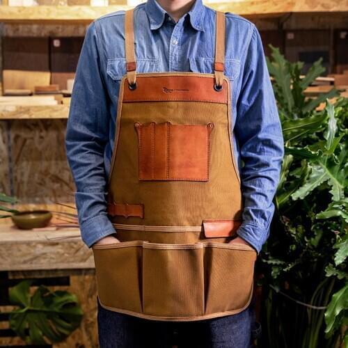 Retro Canvas Apron Genuine Leather Cowhide Hardware Craftsman Aprons Work Shop Multi Tooling Pockets Cooking Gardener Men Unisex