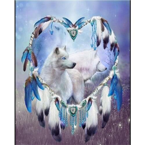Wolf Dreamcatcher Animal Printed Water-Soluble Canvas 11CT Cross-Stitch DIY Embroidery Kit DMC Threads Craft Stamped