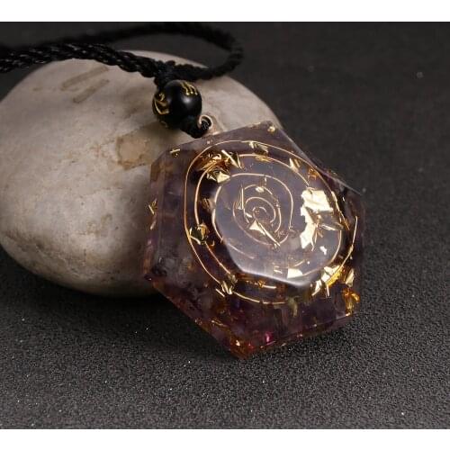 Chip Stone Amethysts Garnet Amazonite Resin Pendant Oronge Necklace Healing Reiki Hexagon Orgonite Crafts EMF Protection Jewelry