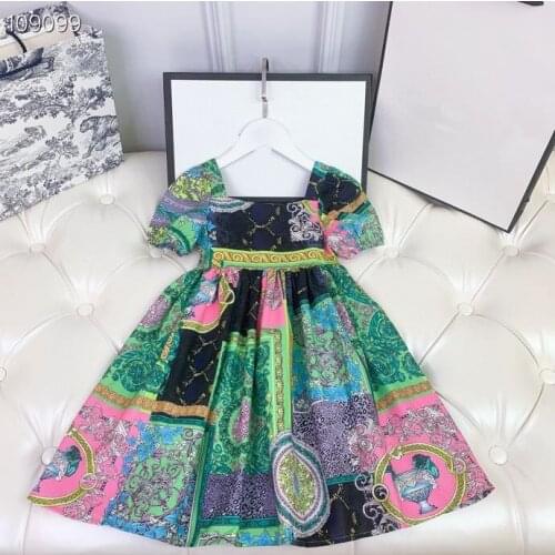 2021 Summer Kids Girls Print Floral dresses Fashion short sleeves Princess Vintage Flower Childrens Clothes