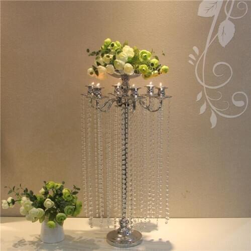 5 Arm Metal Candle Holder Gold Silver Plated Candlestick Crystal Table Candelabras Home Hotel Wedding Centerpieces 10pcs/lot