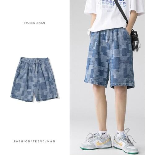 Men Printed Plaid Summer Casual Loose Fit Denim Shorts Mens Sweatpants Male Hip Hop Knee Length Streetwear Jeans Shorts Clothes