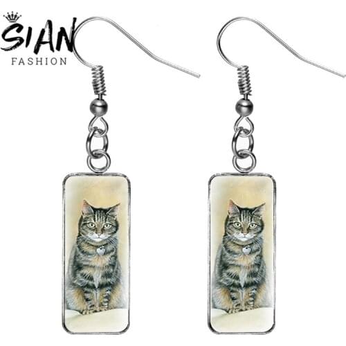 New Cute Cat Pictures Women Dangle Earrings Trendy Pet Stainless Steel Glass Cabochon Drop Earrings Unisex Jewelry Accessories