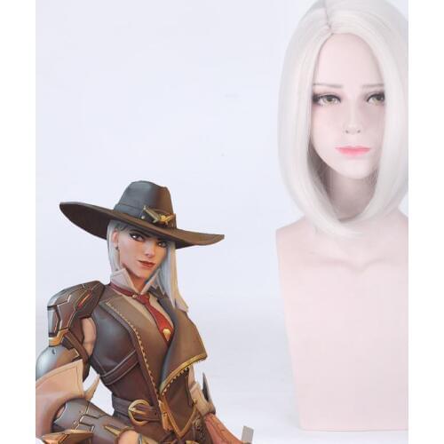 Overwatch Ashe Short White Cosplay Wig Synthetic Hair OW Halloween Costume Party Play Wigs Perucas