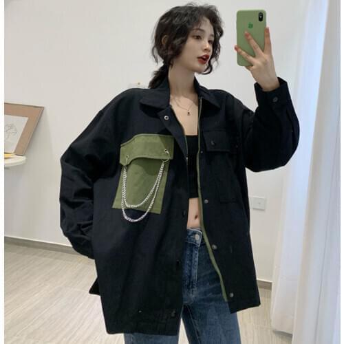Women coat 2020 autumn fashion chains Loose Streetwear Full Patchwork Turn-down Collar coat harajuku Safari style