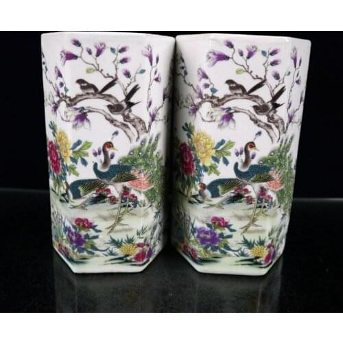 A Pair Ceramics Pastel Famille Rose Porcelain Chinaware Peafowl Peacock Flowers and Birds Figure Pattern Hexagonal Pen Holder