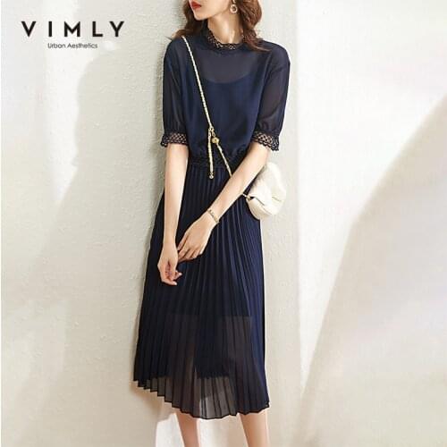VIMLY Dresses For Women Summer Elegant Pleated Maxi Dresses Office Lady Puff Sleeve Mesh Chiffon Dress Female Vestidos F7805
