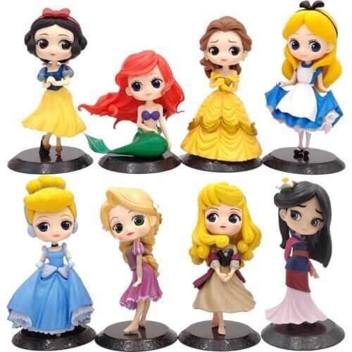 Q Posket Disney Princess Figures Mulan Alice 14cm PVC Action Figure Toys Collectible Model Cake Topper Car Decoration Gift