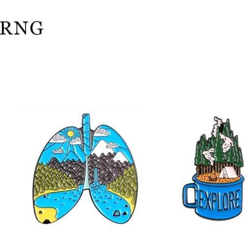 RNG double leaf lung cartoon metal enamel pin body lung pin landscape blue sky sun cloud tent tree personality Jewelry Pin Badge