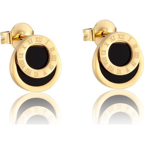 High Quality Black Enamel Roman Numerals Stud Earrings For Women/Men Girls Piercing Jewelry Titanium Steel Gold Color Earring