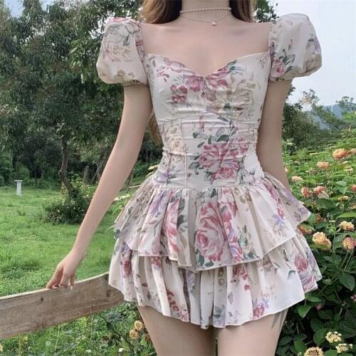 Sexy Party Mini Dresses Summer 2021 Ladies Print Puff Sleeve Club Outfits for Women Cute Bodycon Kawaii Beach Vintage Dress Boho