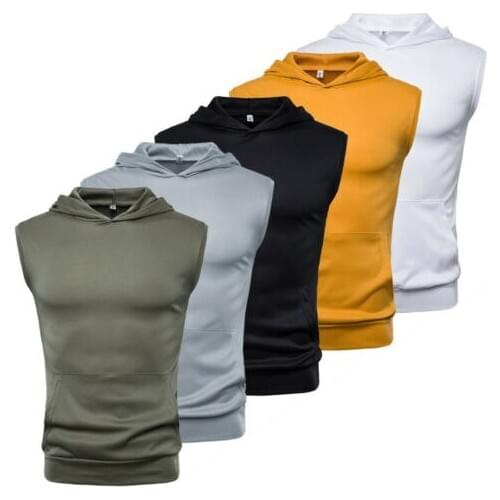 Stylish Hot Sale Men Solid-color Pockets Sleeveless Slim Hooded Tank Tops Gym Bodybuilding Fitness Athletic Hooded Vest M-XXXL