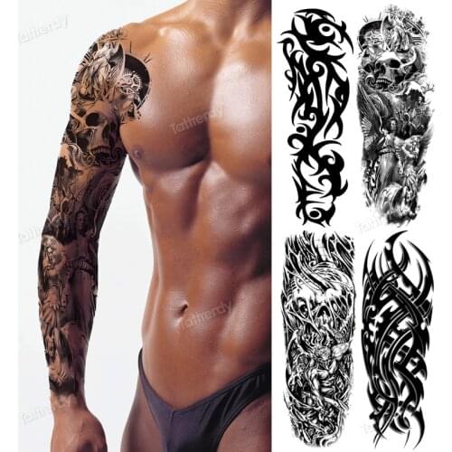 Skull sleeve tattoo designs large full arm temporary tattoos for men boy tatoo fake waterproof tiger totem lion dragon pattern