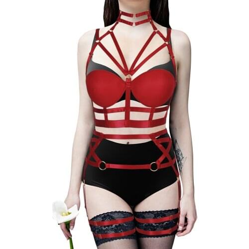 Body Garter Belt Festival Rave Wear Sexy Women Stocking Set Erotic Lingerie Goth Garter Hollow Out Harness Bra Full Body Harness