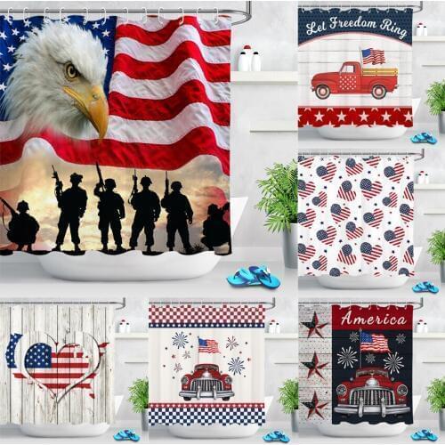 Stars and Stripes American Flag Shower Curtain Fabric USA Bald Eagle Independence Day Retro Red Car Waterproof Bathroom Curtains