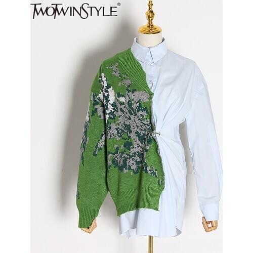 TWOTWINSTYLE Patchwork Hit Color Kitting Shirts Female Lapel Collar Long Sleeve High Waist Tunic Irregular Blouses Women Fashion