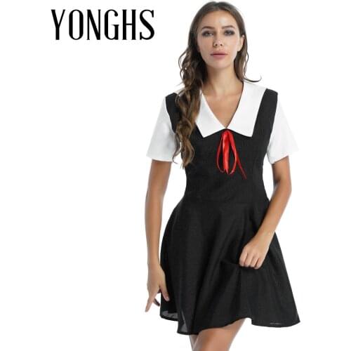 Womens Schoolgirl Uniform Summer Anime Carnival Role Play Cosplay Costume Sailor Collar Short Sleeve Fancy Flared Dress Ball