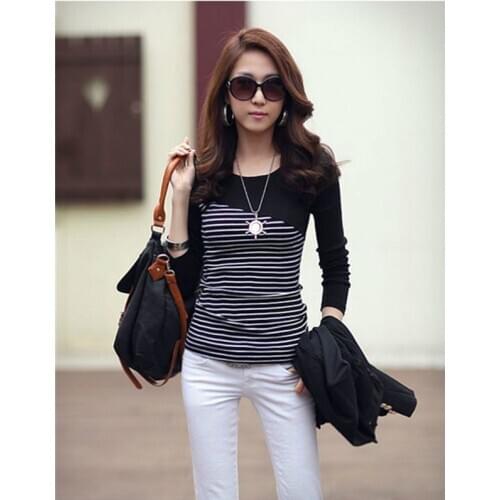 Женские футболки woman tshirts full sleeve tops o-neck oversized patchwork t shirt black white spring&autumn femme dropshopping