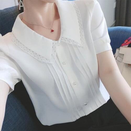 Womens Spring Summer Style Chiffon Blouses Shirts Womens Button Peter pan Collar Short Sleeve Lace Loose Tops SP501