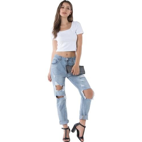 Women Blue Loose Ripped Jeans Adults Solid Color High Waist Pants With Pockets Comfortable And Unique Design XS S M L