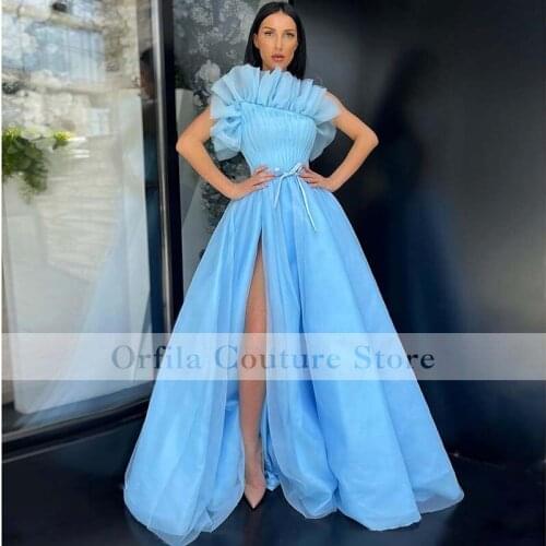 Unique Strapless Blue Prom Dress A Line Split Ruffles Formal African Girl Evening Gowns Vestidos De Novia