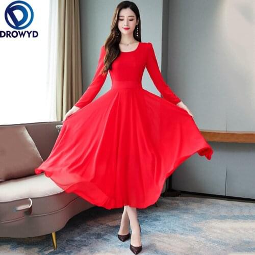 2021 Vintage Solid Long Sleeve Maxi Dresses Autumn Winter O-neck Chiffon Midi Dresses Elegant Women Bodycon Red Party Vestidos