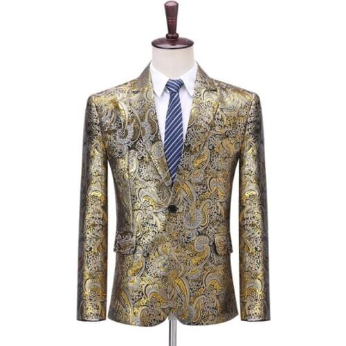 Gold Jacquard blazer men groom suit mens wedding suits costume singer star style dance stage clothing formal dress 981