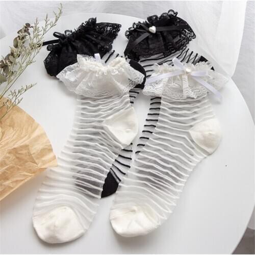 1Pair Sweet White Black Lace Bow Socks Princess Cute Lolita Cosplay Short Socks D489