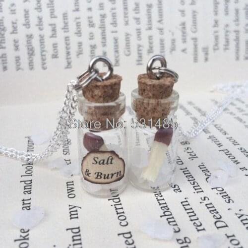 12pcs/lot Salt and Burn, Rock Salt and Matchsticks Bottle Necklace Pendant inspired by Supernatural