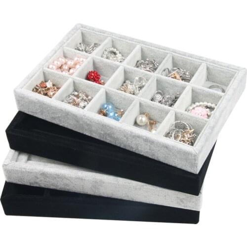 15 Grids Rings Earrings Jewelry Display Boxes Gray Color Velvet Organizer Holder Case Women Makeup Storage Casket 22*14*3cm