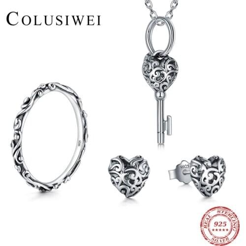 2019 Hot Sale Simple Real 925 Sterling Silver Fashion Jewelry Sets Key Pendant Classic Hearts Stud Earrings For Women Party Ring